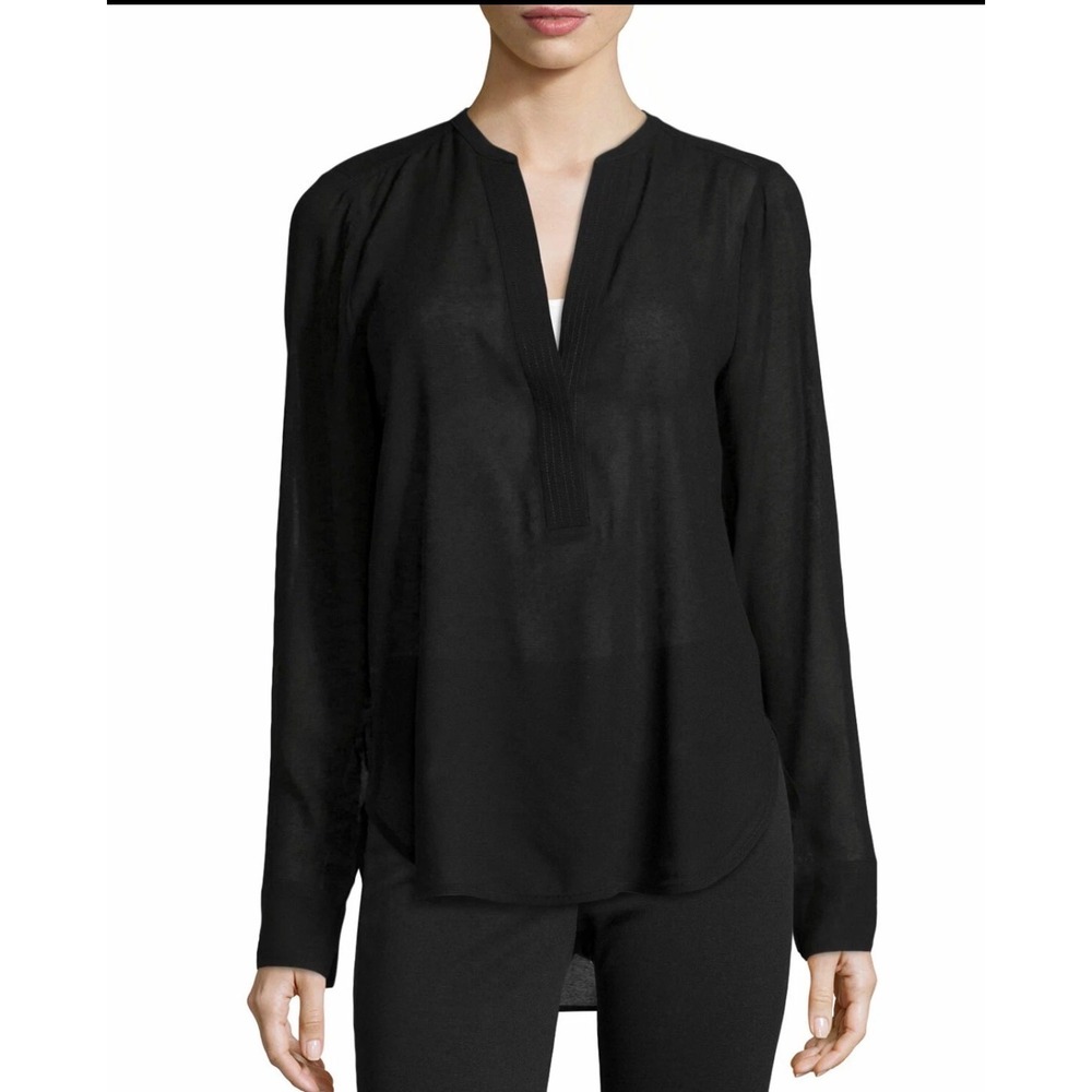 Vince Blouse Womens 0 Black Quiet Luxury Split Neck Sheer Rayon Long Sleeve Top